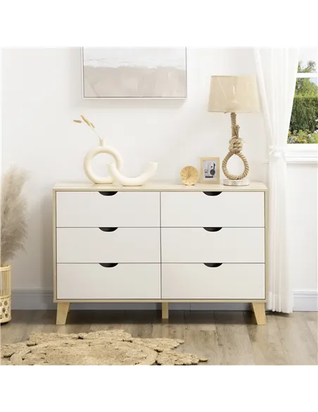 HOMCOM Bedroom Chest of Drawers, Wide 6-Drawer Dresser, Storage Drawer Unit with Wood Legs for Living Room, White and Light Brow