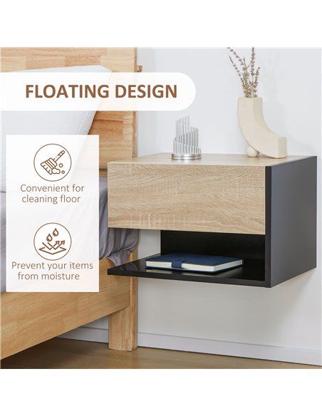 HOMCOM Floating Bedside Table Set of 2, Wall Mounted Bedside Cabinet with Drawer and Open Shelf, Modern Nightstand for Bedroom, 