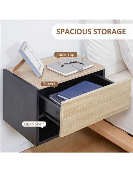 HOMCOM Floating Bedside Table Set of 2, Wall Mounted Bedside Cabinet with Drawer and Open Shelf, Modern Nightstand for Bedroom, 