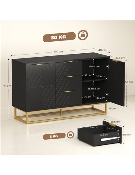 HOMCOM Sideboard with 3 Drawers and Adjustable Shelves for Living Room - Black