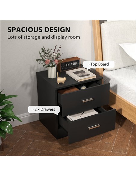 HOMCOM Modern Bedside Table, Beside Cabinet with 2 Drawers, for Bedroom, Living Room, Black