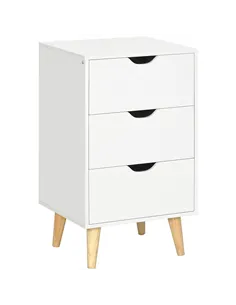 HOMCOM Bedside Table, Bedside Cabinet with 3 Drawers, Small Side Table with Wood Legs and Cut-out Handles for Bedroom, White