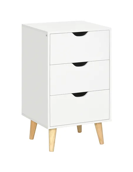 HOMCOM Bedside Table, Bedside Cabinet with 3 Drawers, Small Side Table with Wood Legs and Cut-out Handles for Bedroom, White