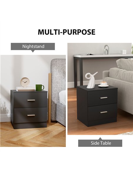 HOMCOM Modern Bedside Table, Beside Cabinet with 2 Drawers, for Bedroom, Living Room, Black