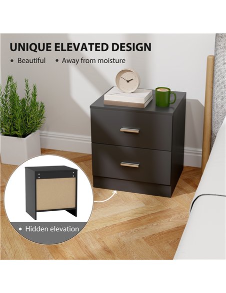 HOMCOM Modern Bedside Table, Beside Cabinet with 2 Drawers, for Bedroom, Living Room, Black