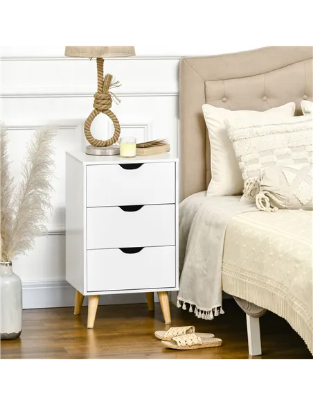 HOMCOM Bedside Table, Bedside Cabinet with 3 Drawers, Small Side Table with Wood Legs and Cut-out Handles for Bedroom, White