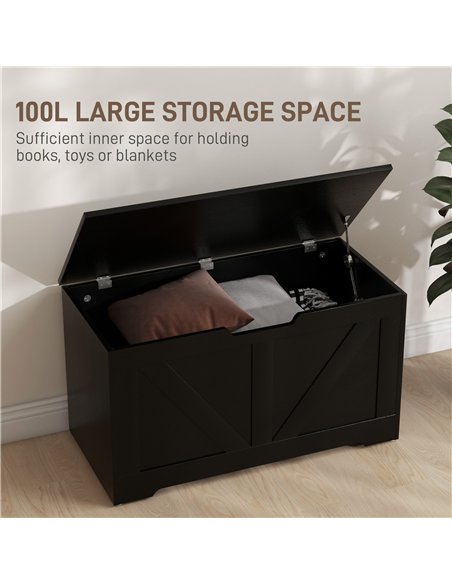 HOMCOM 100L Home Storage Box, with Safety Hinges - Black Wood-Effect