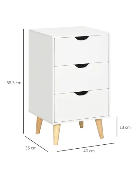 HOMCOM Bedside Table, Bedside Cabinet with 3 Drawers, Small Side Table with Wood Legs and Cut-out Handles for Bedroom, White