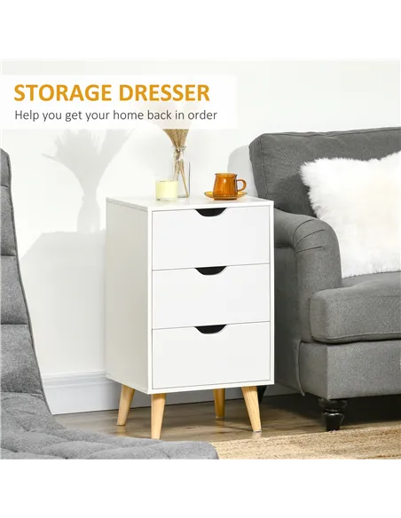 HOMCOM Bedside Table, Bedside Cabinet with 3 Drawers, Small Side Table with Wood Legs and Cut-out Handles for Bedroom, White