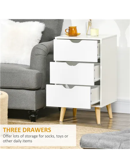 HOMCOM Bedside Table, Bedside Cabinet with 3 Drawers, Small Side Table with Wood Legs and Cut-out Handles for Bedroom, White