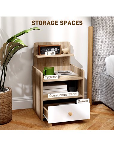 HOMCOM Multi-Storage Bedside Table - White/Wood-Effect