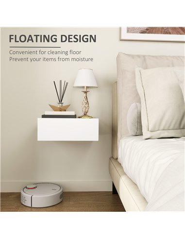 HOMCOM Floating Bedside Table, Wall-Mounted Nightstand with Storage Drawer, Small Side End Table for Bedroom, White