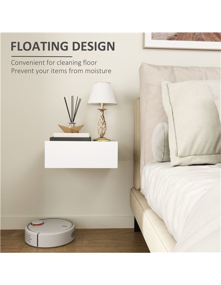 HOMCOM Floating Bedside Table, Wall-Mounted Nightstand with Storage Drawer, Small Side End Table for Bedroom, White