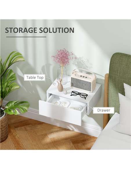 HOMCOM Floating Bedside Table, Wall-Mounted Nightstand with Storage Drawer, Small Side End Table for Bedroom, White