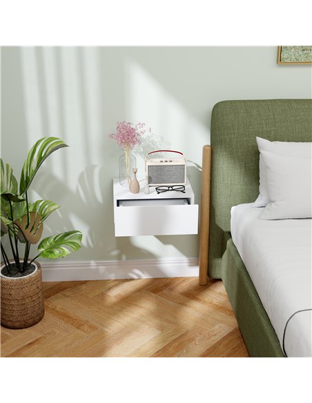 HOMCOM Floating Bedside Table, Wall-Mounted Nightstand with Storage Drawer, Small Side End Table for Bedroom, White