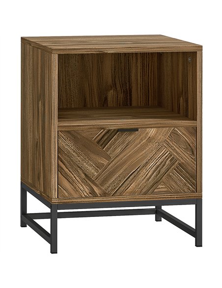 HOMCOM Bedside Table with Drawer and Shelf, Side End Table with Steel Legs for Living Room, Bedroom, Brown Wood Effect