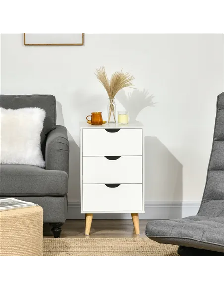 HOMCOM Bedside Table, Bedside Cabinet with 3 Drawers, Small Side Table with Wood Legs and Cut-out Handles for Bedroom, White