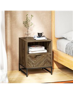 HOMCOM Bedside Table with Drawer and Shelf, Side End Table with Steel Legs for Living Room, Bedroom, Brown Wood Effect 2