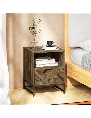 HOMCOM Bedside Table with Drawer and Shelf, Side End Table with Steel Legs for Living Room, Bedroom, Brown Wood Effect
