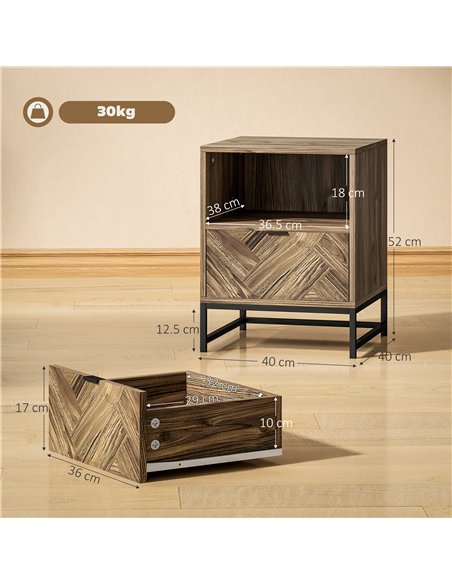 HOMCOM Bedside Table with Drawer and Shelf, Side End Table with Steel Legs for Living Room, Bedroom, Brown Wood Effect