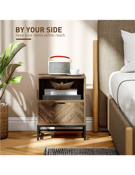 HOMCOM Bedside Table with Drawer and Shelf, Side End Table with Steel Legs for Living Room, Bedroom, Brown Wood Effect
