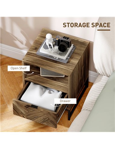 HOMCOM Bedside Table with Drawer and Shelf, Side End Table with Steel Legs for Living Room, Bedroom, Brown Wood Effect