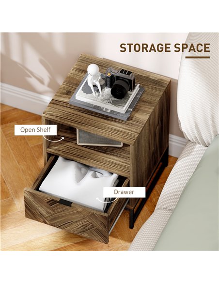 HOMCOM Bedside Table with Drawer and Shelf, Side End Table with Steel Legs for Living Room, Bedroom, Brown Wood Effect