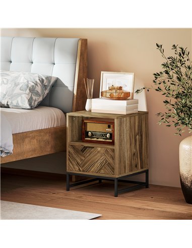 HOMCOM Bedside Table with Drawer and Shelf, Side End Table with Steel Legs for Living Room, Bedroom, Brown Wood Effect