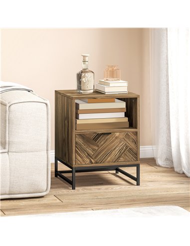 HOMCOM Bedside Table with Drawer and Shelf, Side End Table with Steel Legs for Living Room, Bedroom, Brown Wood Effect