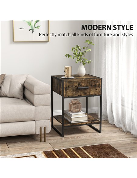 HOMCOM Modern Bedside Table - Rustic Brown