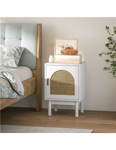 HOMCOM Rattan Bedside Table for Bedroom - White