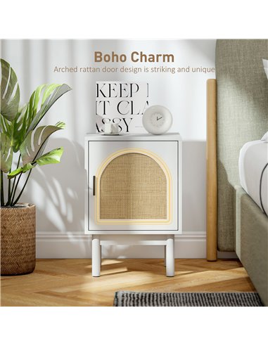 HOMCOM Rattan Bedside Table for Bedroom - White