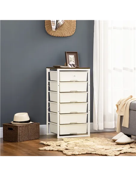 HOMCOM Bedroom Chest of Drawers, 6-Drawer Dresser, Tall Storage Drawer Unit with Steel Frame for Living Room, White