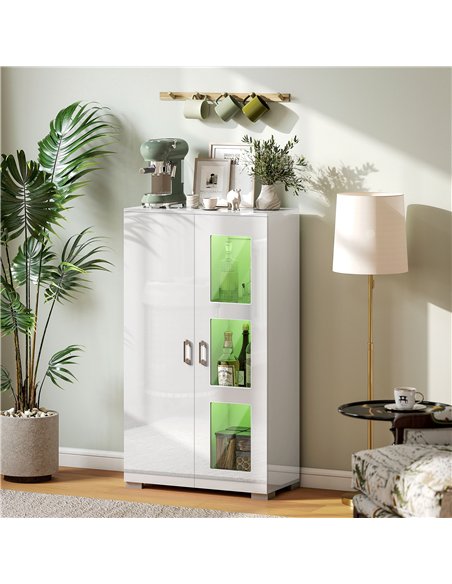 HOMCOM High Gloss Sideboard, Display Cabinet with 16-Colour RGB LED Lights and Remote Control, Modern Storage Cupboard with Glas