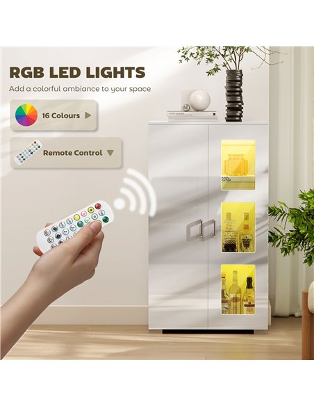 HOMCOM High Gloss Sideboard, Display Cabinet with 16-Colour RGB LED Lights and Remote Control, Modern Storage Cupboard with Glas