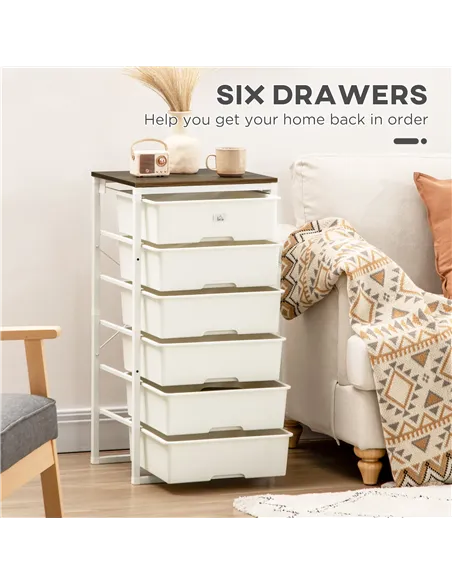 HOMCOM Bedroom Chest of Drawers, 6-Drawer Dresser, Tall Storage Drawer Unit with Steel Frame for Living Room, White
