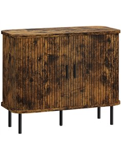 HOMCOM Mid-Century Modern Sideboard Storage Cabinet with Slatted Tambour Sliding Doors, Kitchen Cabinet with Steel Legs, Rustic 