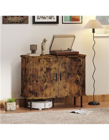 HOMCOM Mid-Century Modern Sideboard Storage Cabinet with Slatted Tambour Sliding Doors, Kitchen Cabinet with Steel Legs, Rustic 