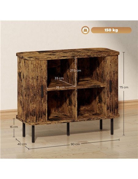 HOMCOM Mid-Century Modern Sideboard Storage Cabinet with Slatted Tambour Sliding Doors, Kitchen Cabinet with Steel Legs, Rustic 