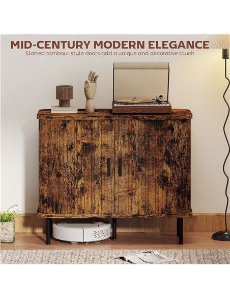 HOMCOM Mid-Century Modern Sideboard Storage Cabinet with Slatted Tambour Sliding Doors, Kitchen Cabinet with Steel Legs, Rustic 