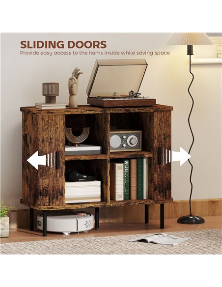 HOMCOM Mid-Century Modern Sideboard Storage Cabinet with Slatted Tambour Sliding Doors, Kitchen Cabinet with Steel Legs, Rustic 