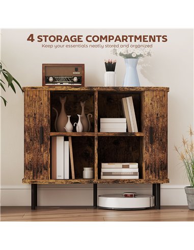 HOMCOM Mid-Century Modern Sideboard Storage Cabinet with Slatted Tambour Sliding Doors, Kitchen Cabinet with Steel Legs, Rustic 