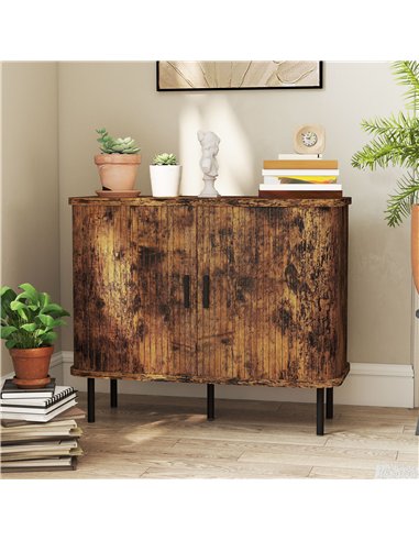 HOMCOM Mid-Century Modern Sideboard Storage Cabinet with Slatted Tambour Sliding Doors, Kitchen Cabinet with Steel Legs, Rustic 