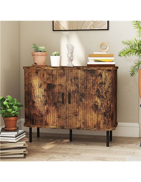 HOMCOM Mid-Century Modern Sideboard Storage Cabinet with Slatted Tambour Sliding Doors, Kitchen Cabinet with Steel Legs, Rustic 