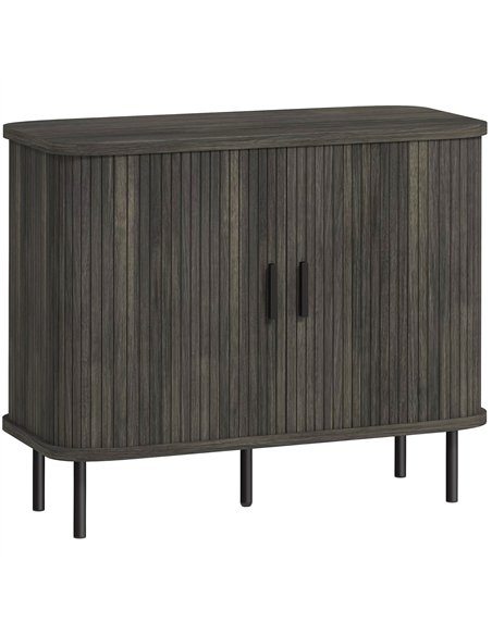HOMCOM Mid-Century Modern Sideboard Storage Cabinet with Slatted Tambour Sliding Doors, Kitchen Cabinet with Steel Legs, Grey