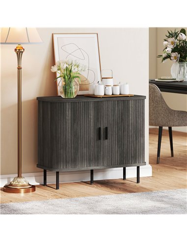 HOMCOM Mid-Century Modern Sideboard Storage Cabinet with Slatted Tambour Sliding Doors, Kitchen Cabinet with Steel Legs, Grey