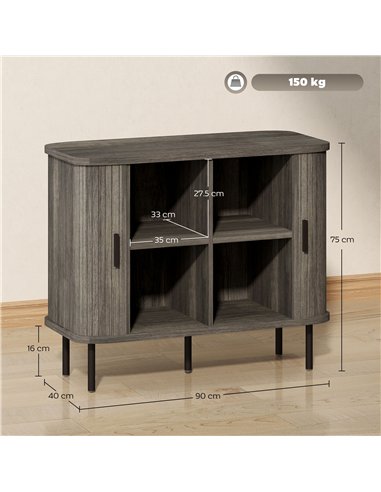 HOMCOM Mid-Century Modern Sideboard Storage Cabinet with Slatted Tambour Sliding Doors, Kitchen Cabinet with Steel Legs, Grey