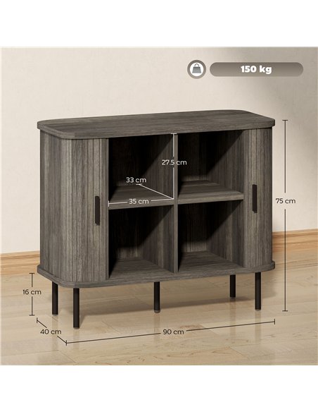 HOMCOM Mid-Century Modern Sideboard Storage Cabinet with Slatted Tambour Sliding Doors, Kitchen Cabinet with Steel Legs, Grey