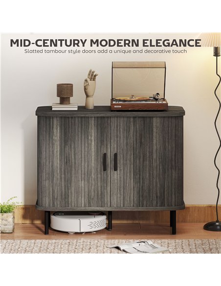 HOMCOM Mid-Century Modern Sideboard Storage Cabinet with Slatted Tambour Sliding Doors, Kitchen Cabinet with Steel Legs, Grey