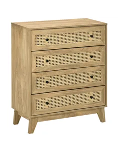 HOMCOM Storage Cabinet, 4-Drawer Unit with Rattan Element for Bedroom, Living Room, 80cmx35cmx95cm, Wood Effect